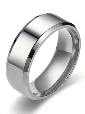 Stainless Steel Wide Band Ring - Polished Silver Comfort Fit Wedding Band